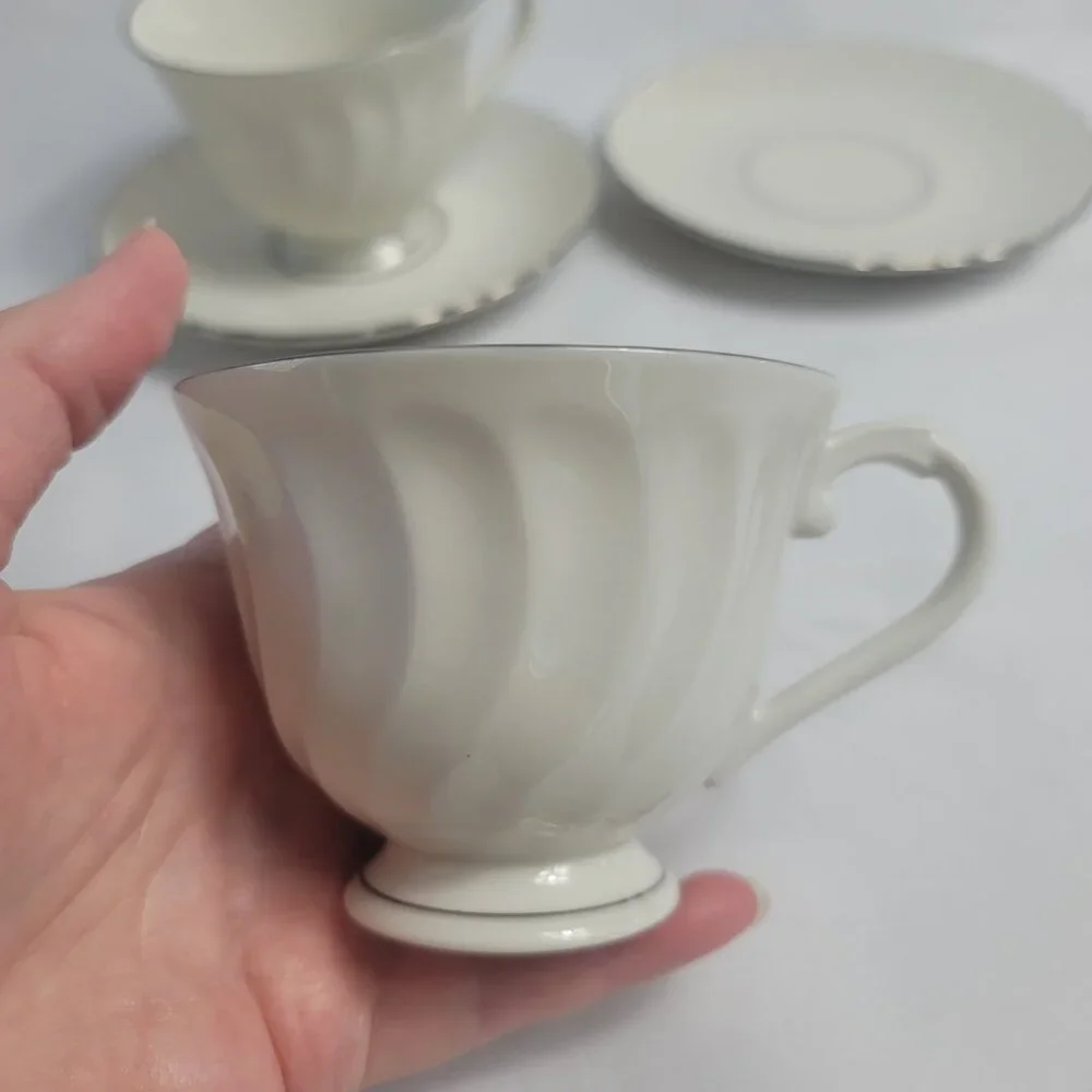 TWO Syracuse China Wedding Ring Cup & Saucer Sets White with Platinum Trim